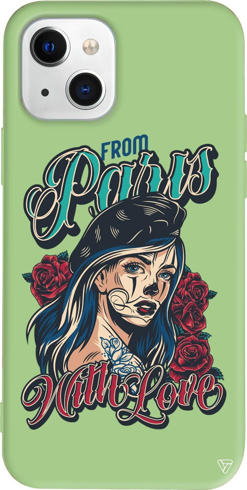 iPhone 15 Uyumlu Açık Yeşil Renkli Silikon Paris Girl Retro Koleksiyonu Telefon Kılıfı