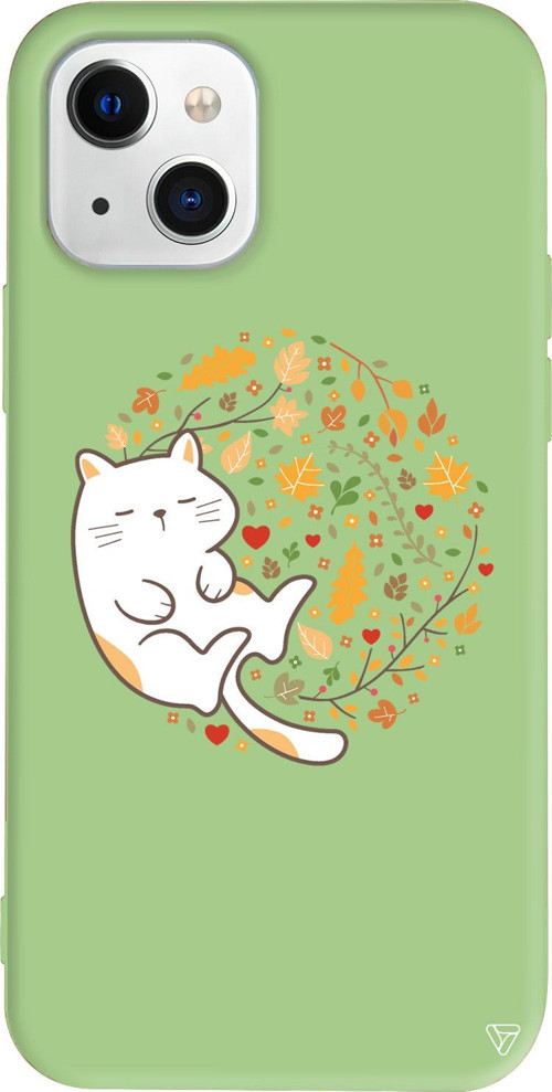 iPhone 15 Uyumlu Açık Yeşil Renkli Silikon Uyuyan Kedi Animal Koleksiyonu Telefon Kılıfı