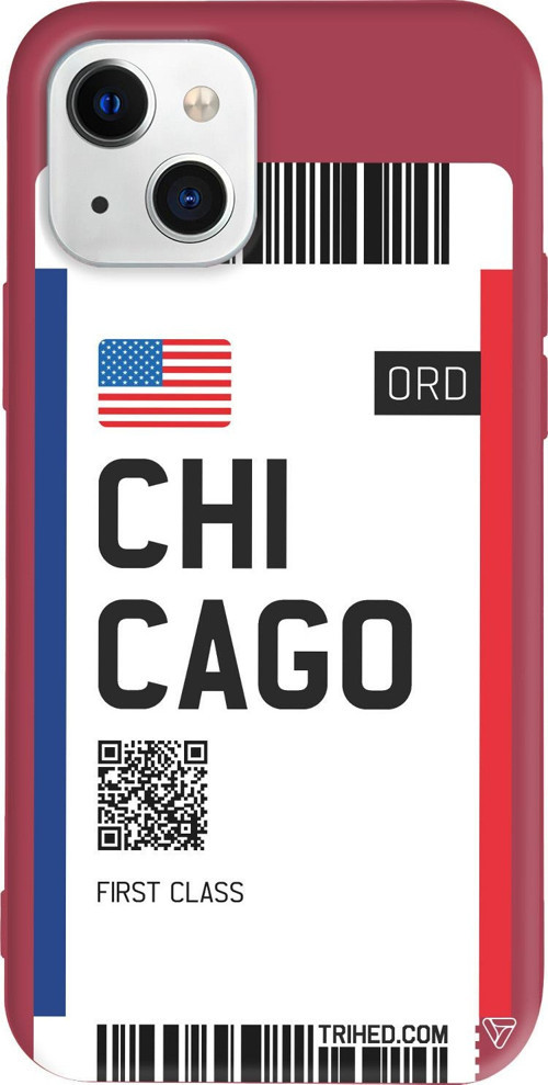 iPhone 15 Uyumlu Bordo Renkli Silikon Chicago Bileti Travel Koleksiyonu Telefon Kılıfı