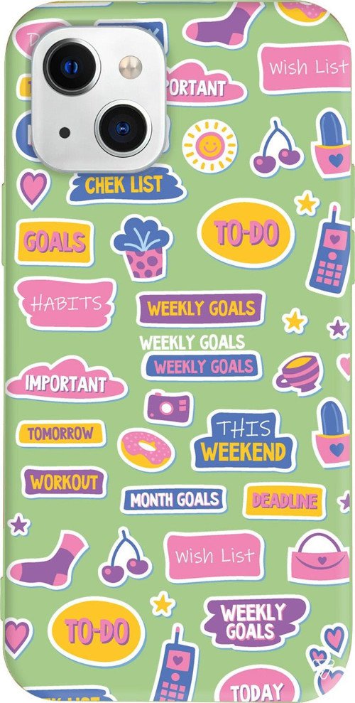 iPhone 15 Uyumlu Açık Yeşil Renkli Silikon Weekly Goals Sticker Koleksiyonu Telefon Kılıfı
