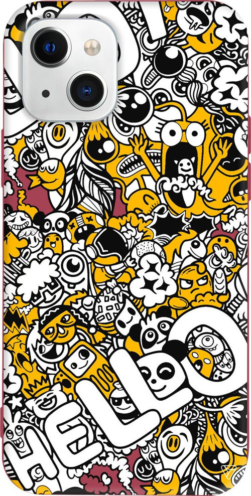 iPhone 15 Uyumlu Bordo Renkli Silikon Doodle Hello Sticker Koleksiyonu Telefon Kılıfı