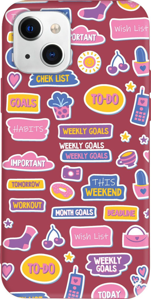 iPhone 15 Uyumlu Bordo Renkli Silikon Weekly Goals Sticker Koleksiyonu Telefon Kılıfı