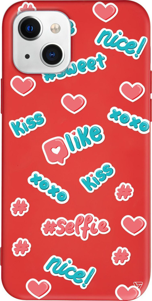 iPhone 15 Uyumlu Kırmızı Renkli Silikon Insta Like Sticker Koleksiyonu Telefon Kılıfı