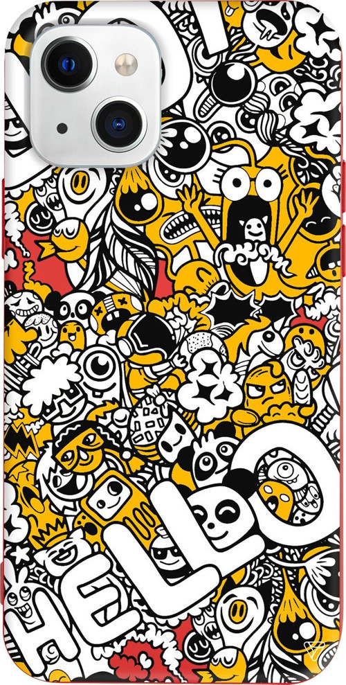 iPhone 15 Uyumlu Kırmızı Renkli Silikon Doodle Hello Sticker Koleksiyonu Telefon Kılıfı
