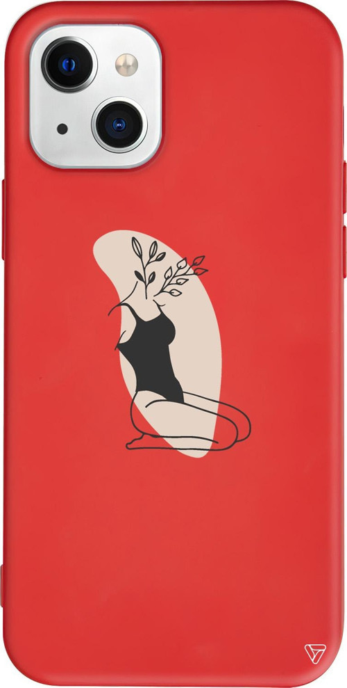 iPhone 15 Uyumlu Kırmızı Renkli Silikon Flower Girl Sitting Line Art Koleksiyonu Telefon Kılıfı