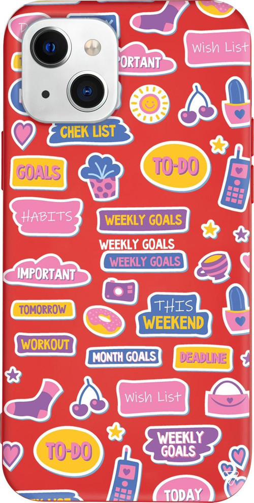 iPhone 15 Uyumlu Kırmızı Renkli Silikon Weekly Goals Sticker Koleksiyonu Telefon Kılıfı