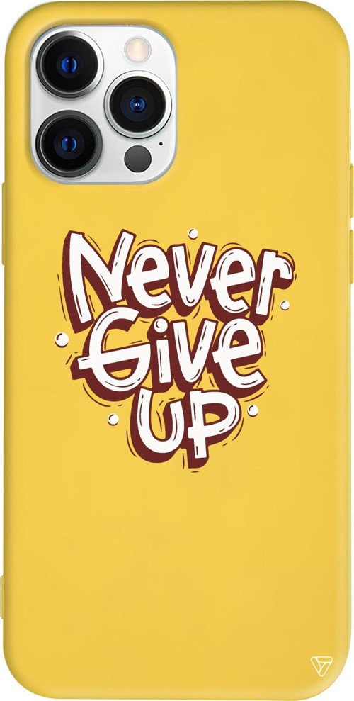 iPhone 15 Pro Uyumlu Sarı Renkli Silikon Never Give Up Telefon Kılıfı