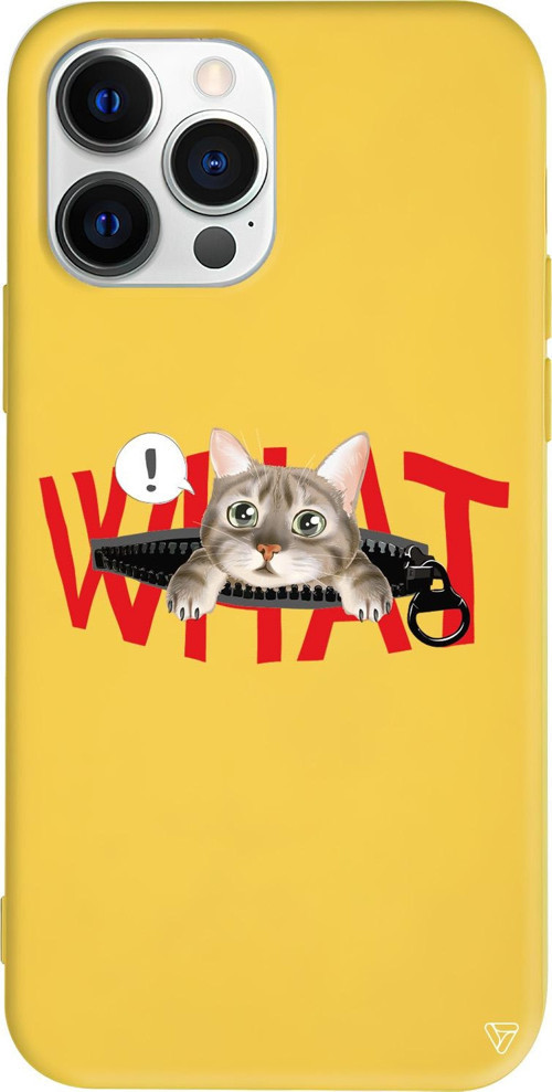 iPhone 15 Pro Uyumlu Sarı Renkli Silikon What! Kedi Telefon Kılıfı