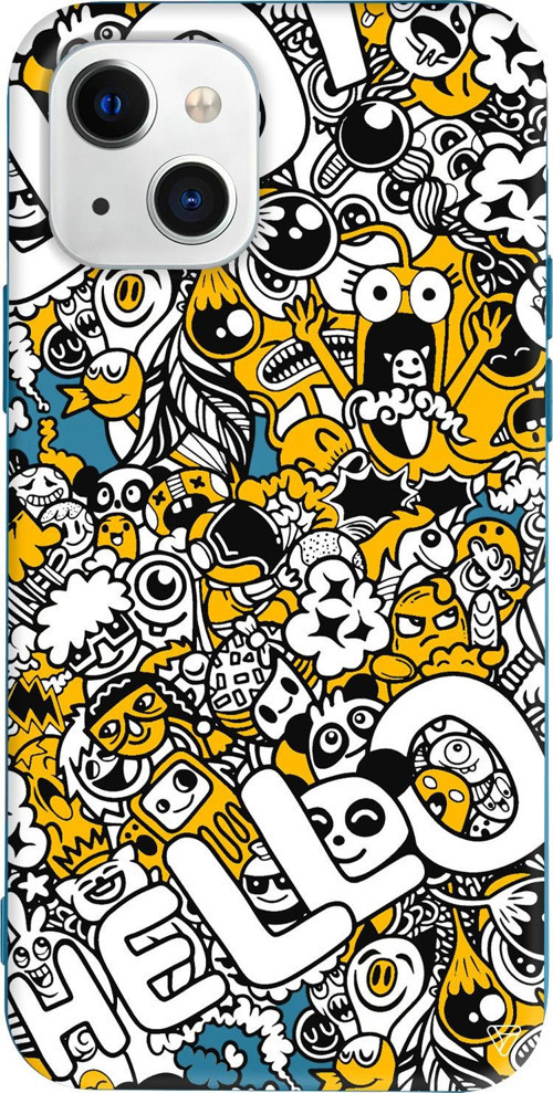 iPhone 15 Uyumlu Lacivert Renkli Silikon Doodle Hello Sticker Koleksiyonu Telefon Kılıfı