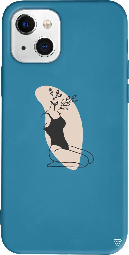 iPhone 15 Uyumlu Lacivert Renkli Silikon Flower Girl Sitting Line Art Koleksiyonu Telefon Kılıfı
