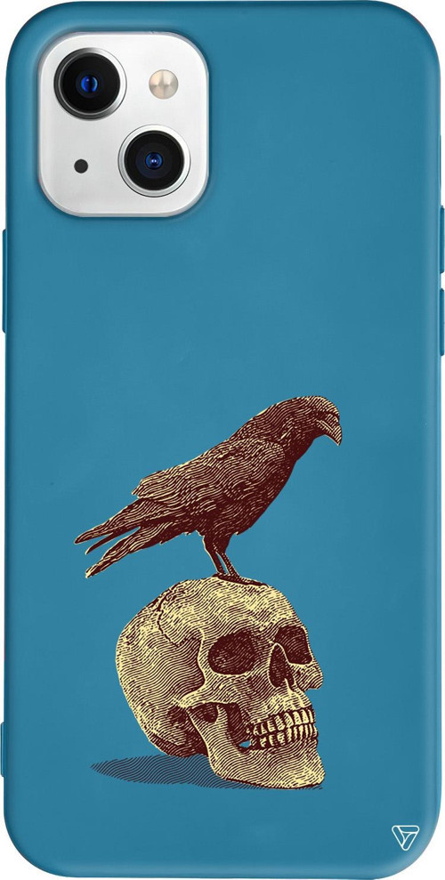iPhone 15 Uyumlu Lacivert Renkli Silikon Kuzgun ve Kuru Kafa Retro Koleksiyonu Telefon Kılıfı