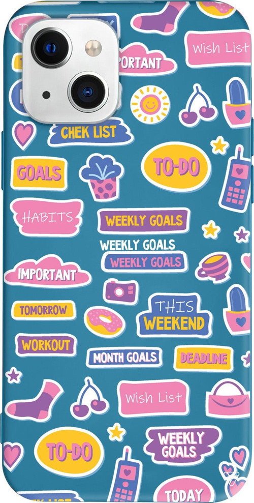iPhone 15 Uyumlu Lacivert Renkli Silikon Weekly Goals Sticker Koleksiyonu Telefon Kılıfı