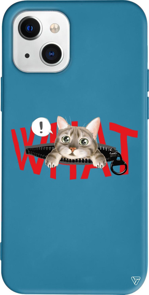 iPhone 15 Uyumlu Lacivert Renkli Silikon What! Kedi Animal Koleksiyonu Telefon Kılıfı