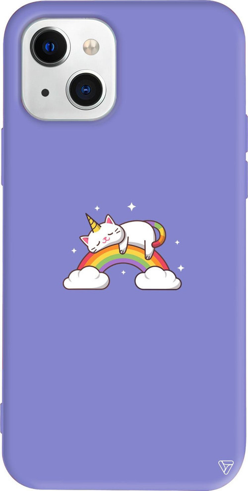 iPhone 15 Uyumlu Lila Renkli Silikon Caticorn 2 Sticker Koleksiyonu Telefon Kılıfı