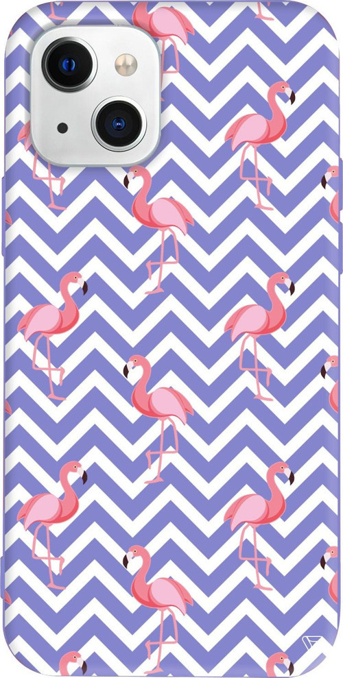 iPhone 15 Uyumlu Lila Renkli Silikon Desen ve Flamingo Animal Koleksiyonu Telefon Kılıfı