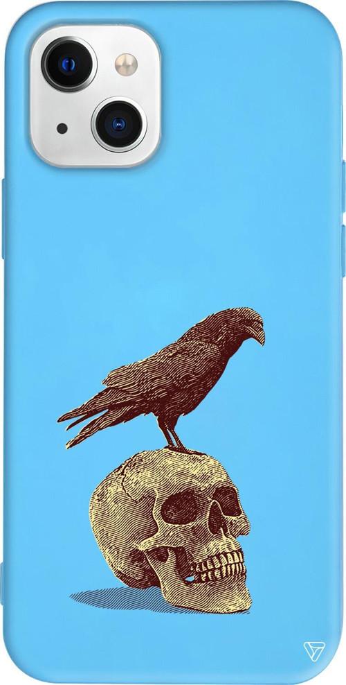iPhone 15 Uyumlu Mavi Renkli Silikon Kuzgun ve Kuru Kafa Retro Koleksiyonu Telefon Kılıfı