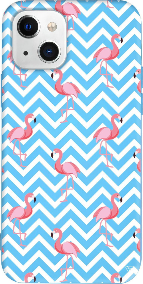 iPhone 15 Uyumlu Mavi Renkli Silikon Desen ve Flamingo Animal Koleksiyonu Telefon Kılıfı