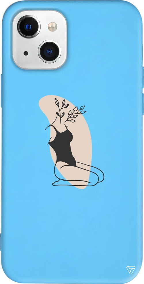iPhone 15 Uyumlu Mavi Renkli Silikon Flower Girl Sitting Line Art Koleksiyonu Telefon Kılıfı