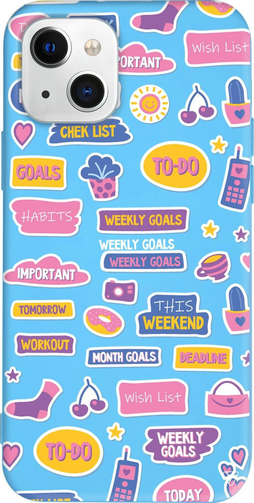 iPhone 15 Uyumlu Mavi Renkli Silikon Weekly Goals Sticker Koleksiyonu Telefon Kılıfı