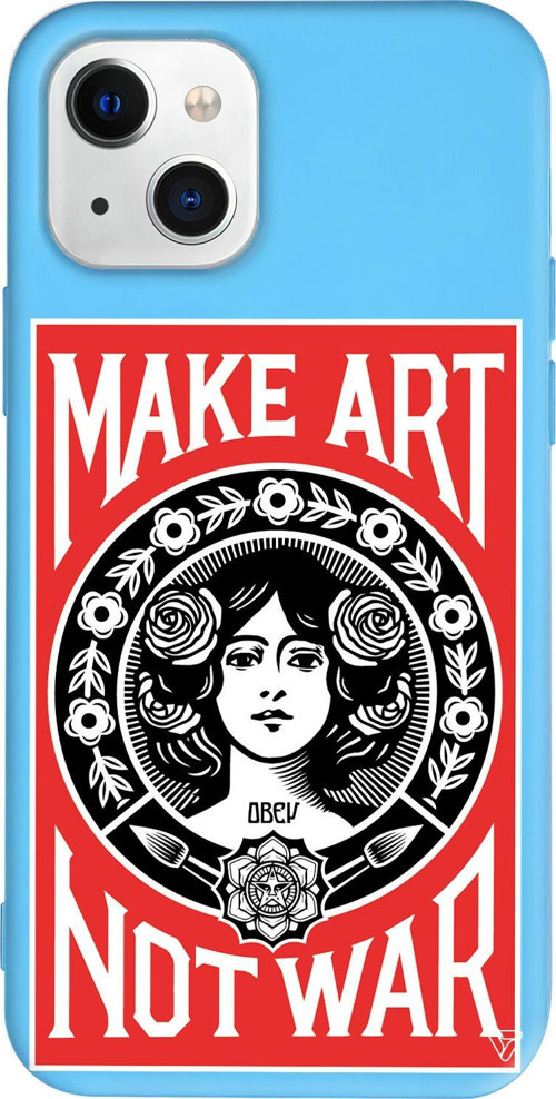 iPhone 15 Uyumlu Mavi Renkli Silikon Obey Make Love Art Koleksiyonu Telefon Kılıfı