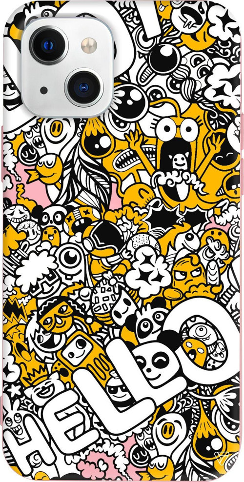 iPhone 15 Uyumlu Pembe Renkli Silikon Doodle Hello Sticker Koleksiyonu Telefon Kılıfı