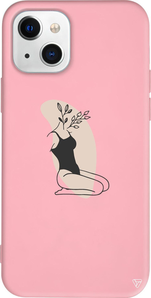 iPhone 15 Uyumlu Pembe Renkli Silikon Flower Girl Sitting Line Art Koleksiyonu Telefon Kılıfı