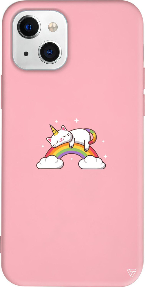 iPhone 15 Uyumlu Pembe Renkli Silikon Caticorn 2 Sticker Koleksiyonu Telefon Kılıfı
