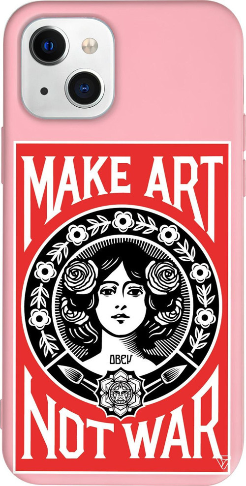 iPhone 15 Uyumlu Pembe Renkli Silikon Obey Make Love Art Koleksiyonu Telefon Kılıfı
