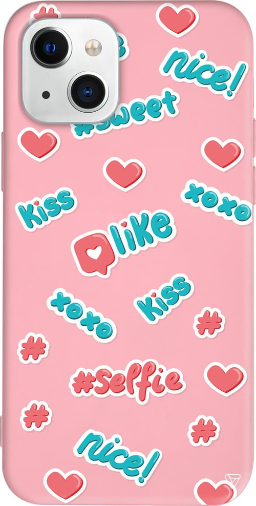 iPhone 15 Uyumlu Pembe Renkli Silikon Insta Like Sticker Koleksiyonu Telefon Kılıfı