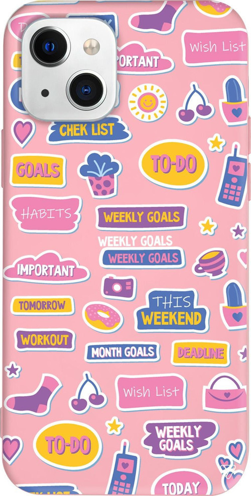 iPhone 15 Uyumlu Pembe Renkli Silikon Weekly Goals Sticker Koleksiyonu Telefon Kılıfı