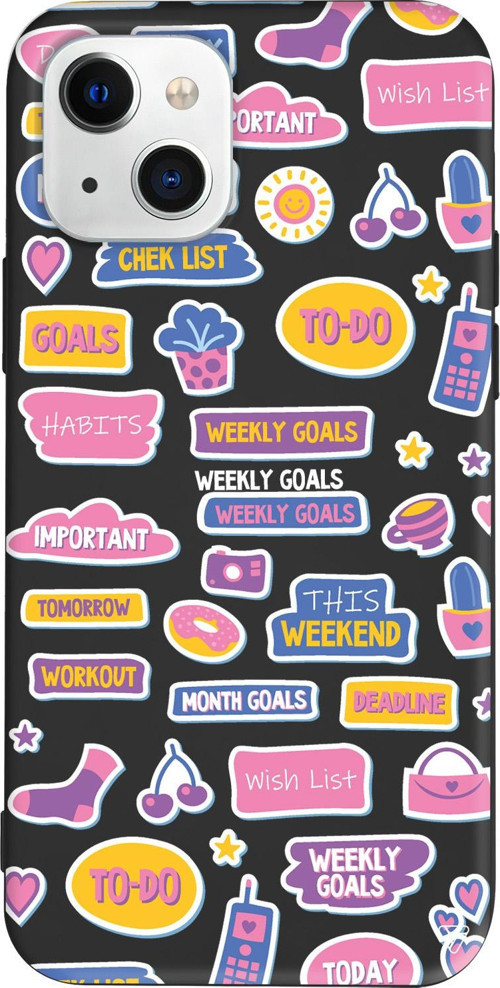 iPhone 15 Uyumlu Siyah Renkli Silikon Weekly Goals Sticker Koleksiyonu Telefon Kılıfı