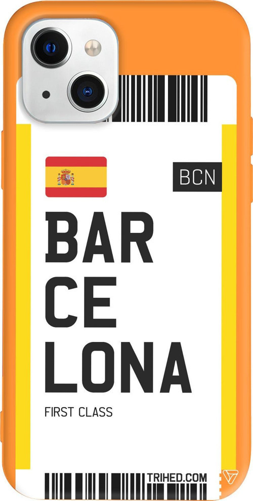 iPhone 15 Uyumlu Turuncu Renkli Silikon Barcelona Bileti Travel Koleksiyonu Telefon Kılıfı