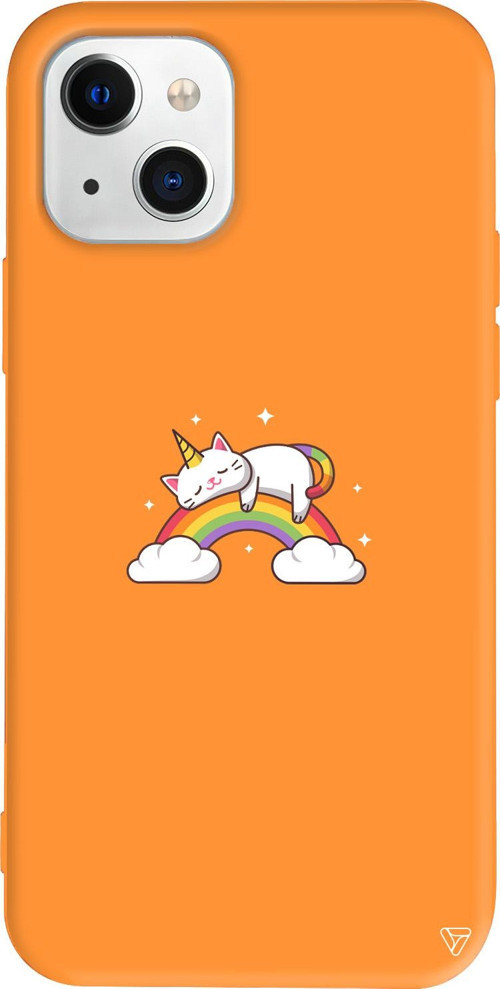 iPhone 15 Uyumlu Turuncu Renkli Silikon Caticorn 2 Sticker Koleksiyonu Telefon Kılıfı