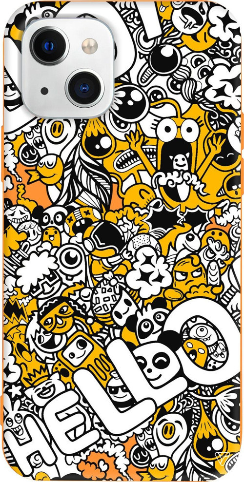 iPhone 15 Uyumlu Turuncu Renkli Silikon Doodle Hello Sticker Koleksiyonu Telefon Kılıfı