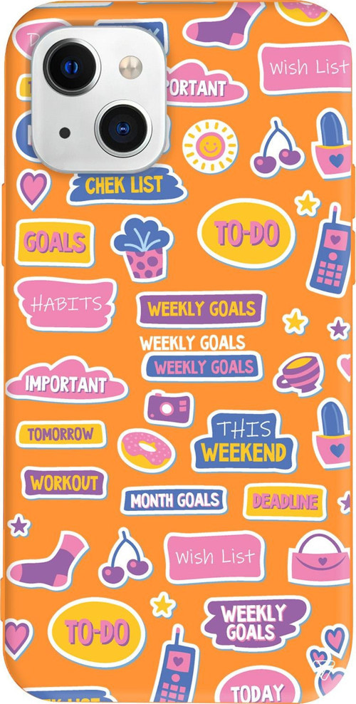 iPhone 15 Uyumlu Turuncu Renkli Silikon Weekly Goals Sticker Koleksiyonu Telefon Kılıfı