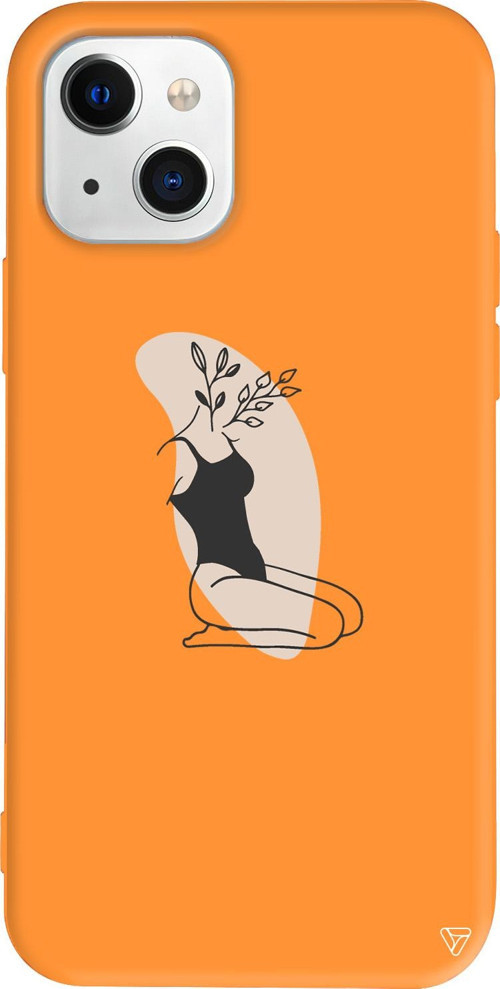 iPhone 15 Uyumlu Turuncu Renkli Silikon Flower Girl Sitting Line Art Koleksiyonu Telefon Kılıfı