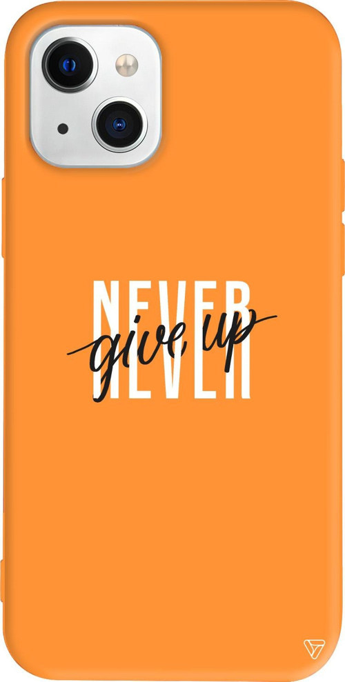 iPhone 15 Uyumlu Turuncu Renkli Silikon Never Give Up 4 Mottolar Koleksiyonu Telefon Kılıfı