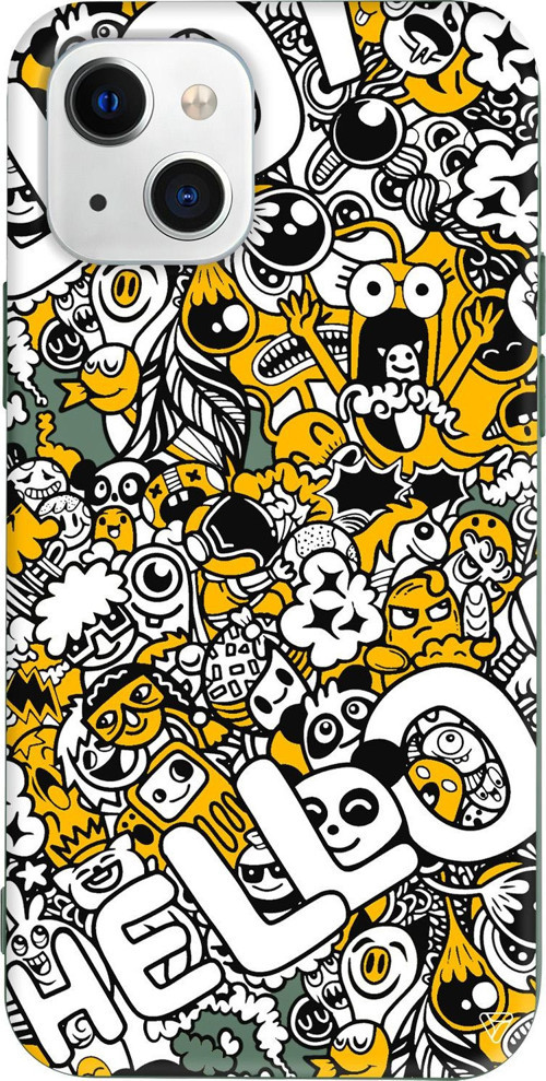 iPhone 15 Uyumlu Yeşil Renkli Silikon Doodle Hello Sticker Koleksiyonu Telefon Kılıfı