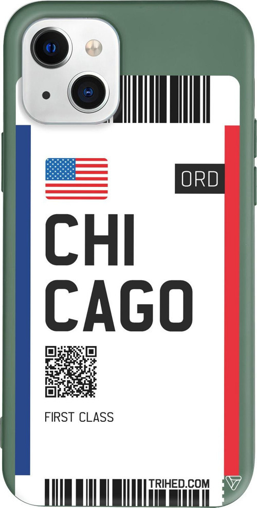 iPhone 15 Uyumlu Yeşil Renkli Silikon Chicago Bileti Travel Koleksiyonu Telefon Kılıfı