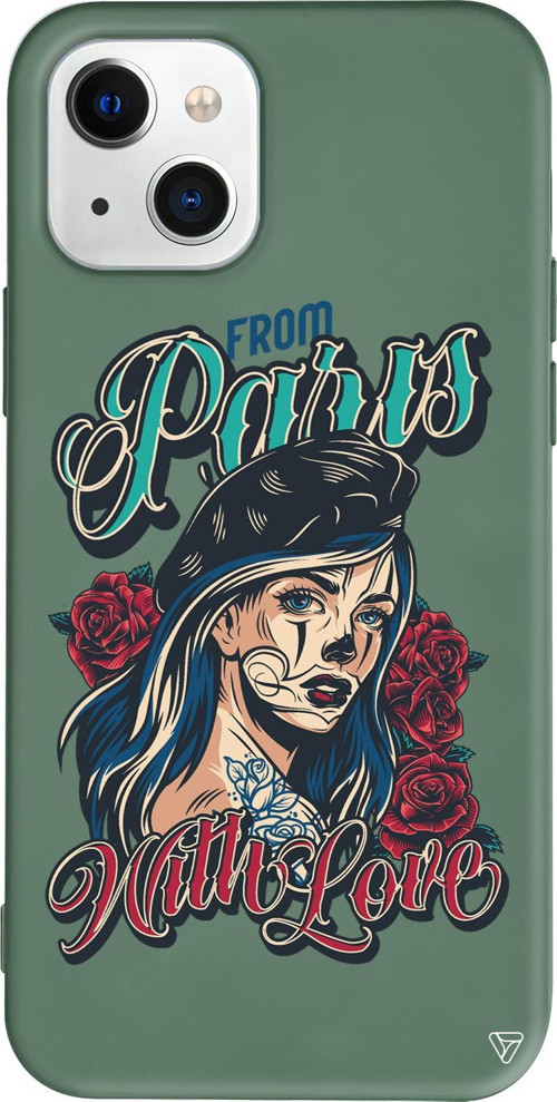iPhone 15 Uyumlu Yeşil Renkli Silikon Paris Girl Retro Koleksiyonu Telefon Kılıfı