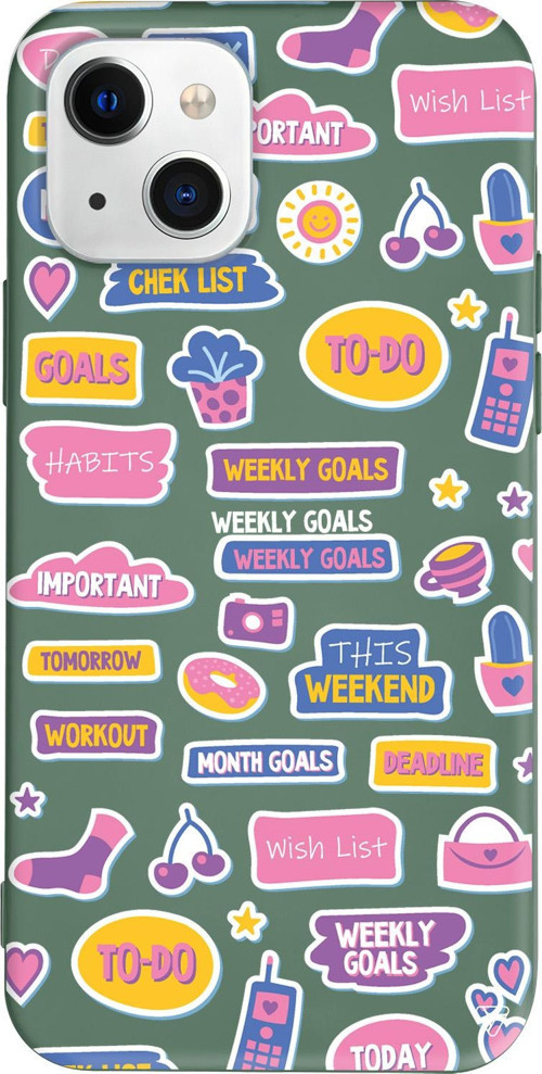 iPhone 15 Uyumlu Yeşil Renkli Silikon Weekly Goals Sticker Koleksiyonu Telefon Kılıfı