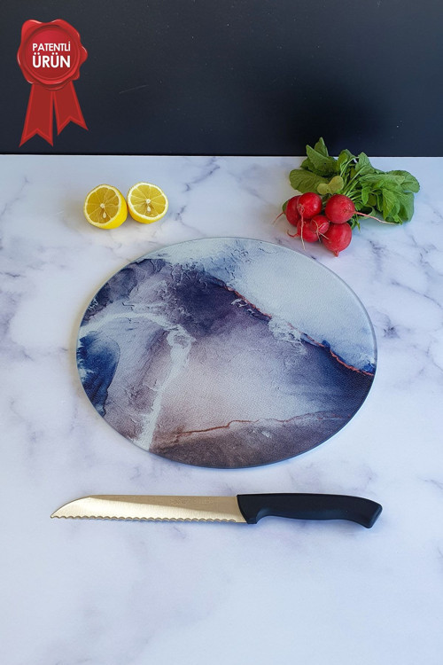 Cam Kesme Tahtası - Cam Kesme Tablası | Buzlu Cam - Ocean | Çap32cm