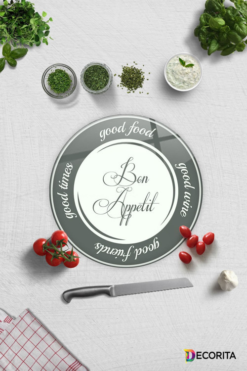 Cam Kesme Tahtası - Cam Kesme Tablası | Good Food - Beyaz Fon | Çap32cm