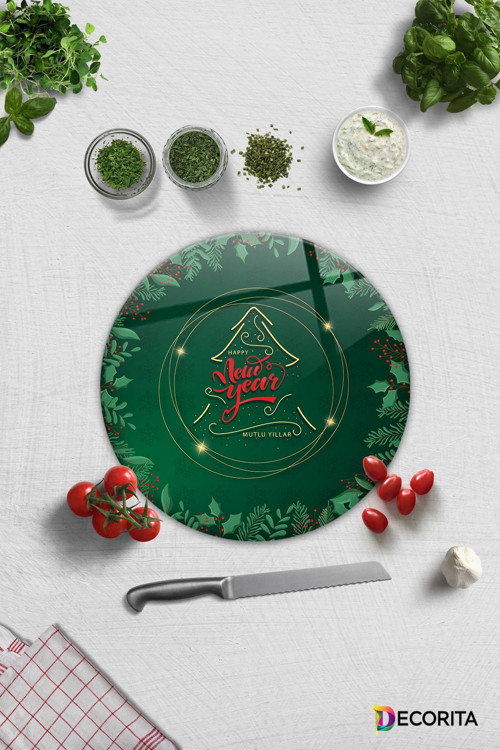 Cam Kesme Tahtası - Cam Kesme Tablası | Happy New Year - Yeşil | Çap32cm