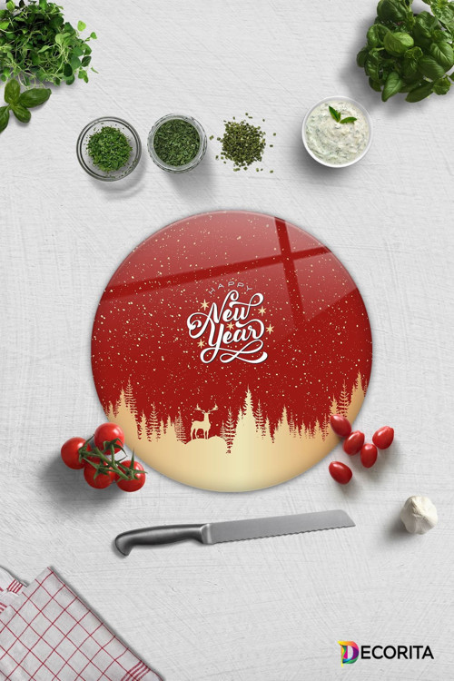 Cam Kesme Tahtası - Cam Kesme Tablası | Happy New Year Kırmızı Silüet | Çap32cm