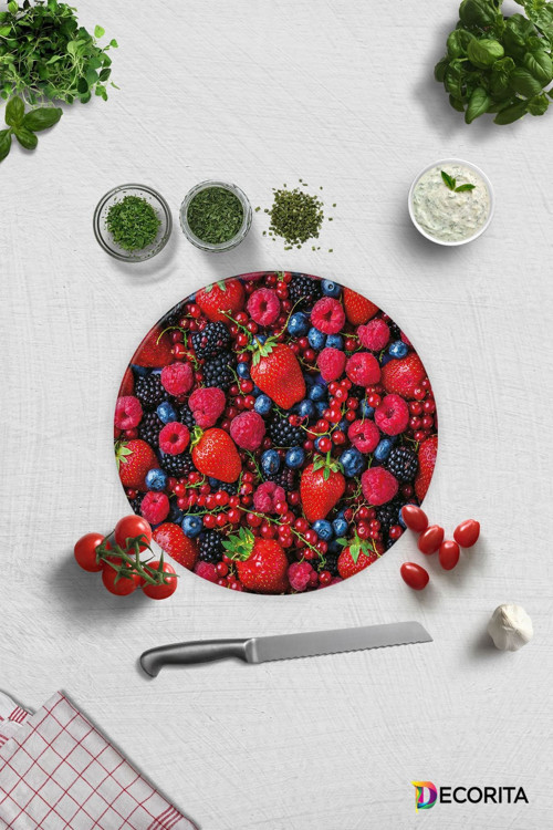 Cam Kesme Tahtası - Cam Kesme Tablası | Mor ve Kırmızı Meyveler | Çap32cm