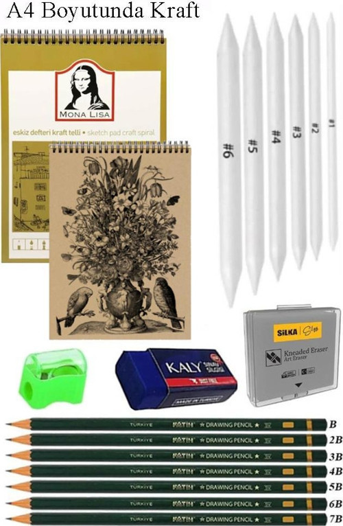 A4 Kraft Eskiz Defteri Spiralli 50 Yaprak Karakalem Çizim Seti Gölgelendirme Kalemi Hamur Silgi Fatih Dereceli Kalem Hob