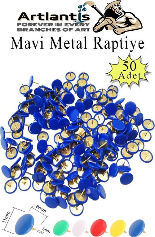 Mavi Raptiye 50 Adet 1 Paket Renkli Pvc Kaplı Başlıklı Raptiye Plastik Yuvarlak Düğmeli Raptiye Pano Okul Ofis Büro Ev