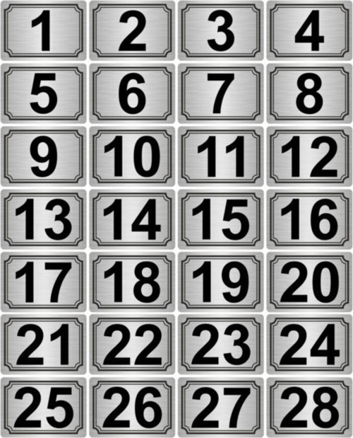 3,5X5Cm Metal Yapışkanlı Numara (1..28) 28 Adet Gümüş Renk Metal
