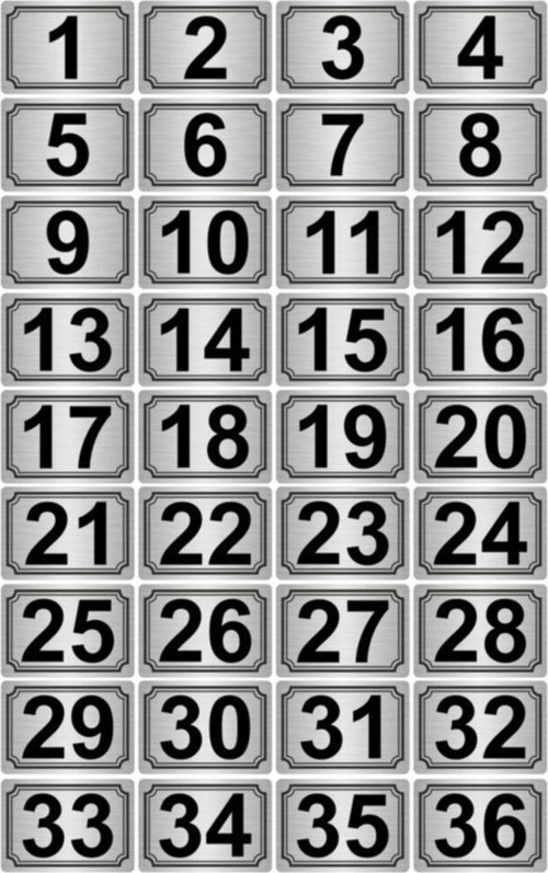 10X15Cm Metal Yapışkanlı Numara (1..36) 36 Adet Gümüş Renk Metal